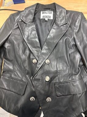 Walter Baker Black lamb Leather Double-Breasted Pea Coat with Silver Buttons
